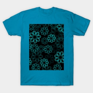 Neon Floral Cyan on Black T-Shirt